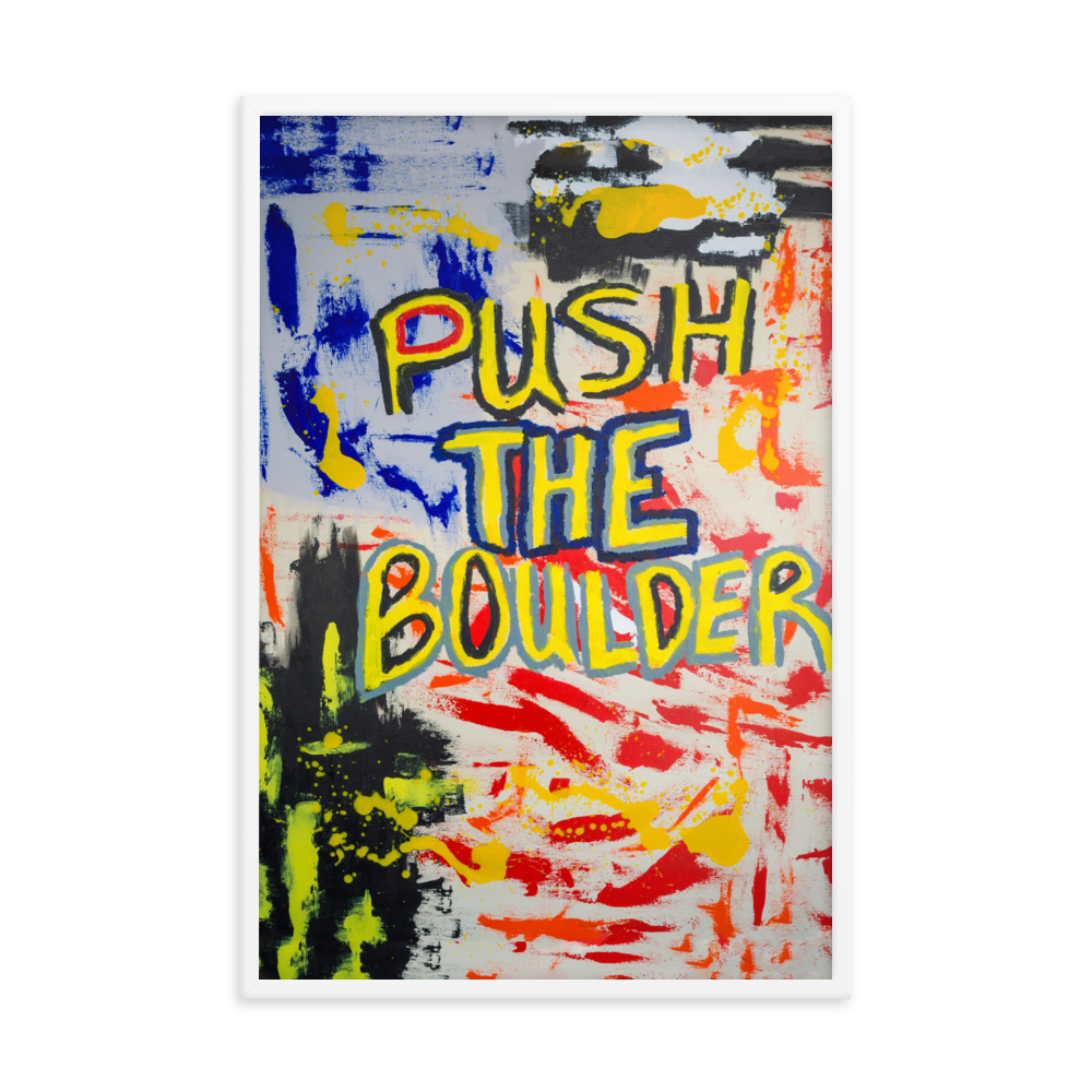 Push The Boulder Framed Art Print by Uzoma Obasi. framed art print of artist uzoma obasi painting. prints for wall. fine art prints Uzoma Obasi | Abstract Art | Fine Art Prints | Cool Art